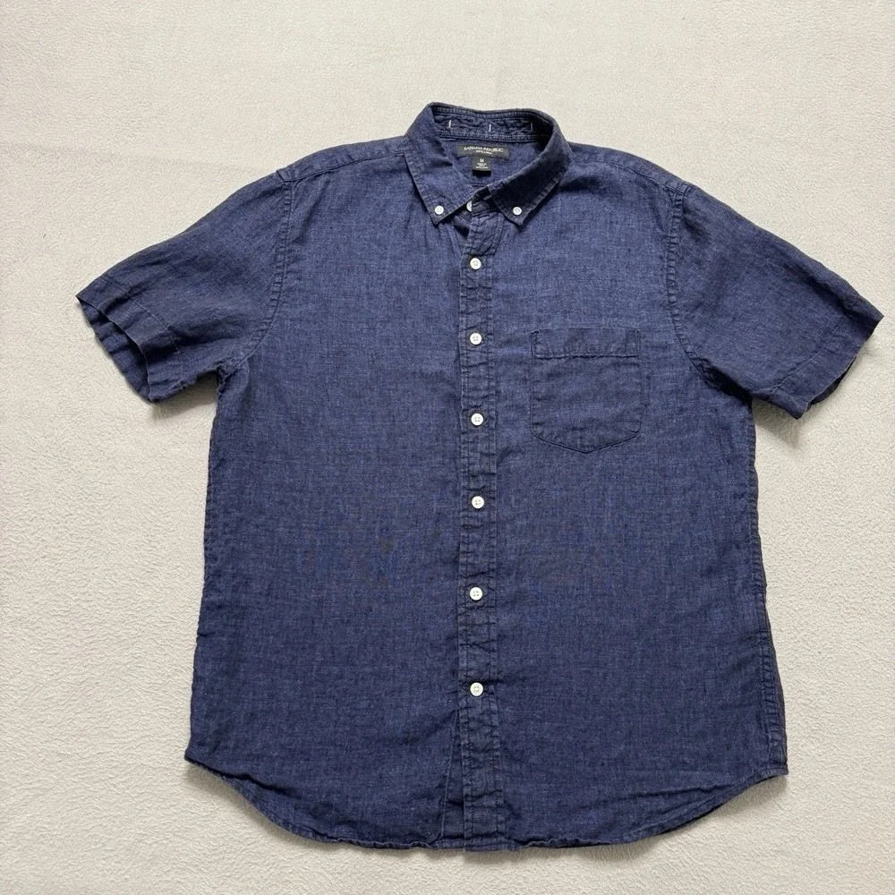 Banana Republic Shirt Mens Medium Blue Linen Short Sleeve Button Down Classic